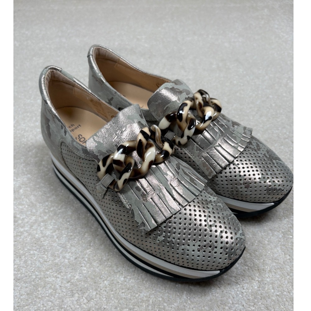 Softwalk Silver Camo Platform Kiltie Loafers Tortoise Chain Womens 39.5 NWOT